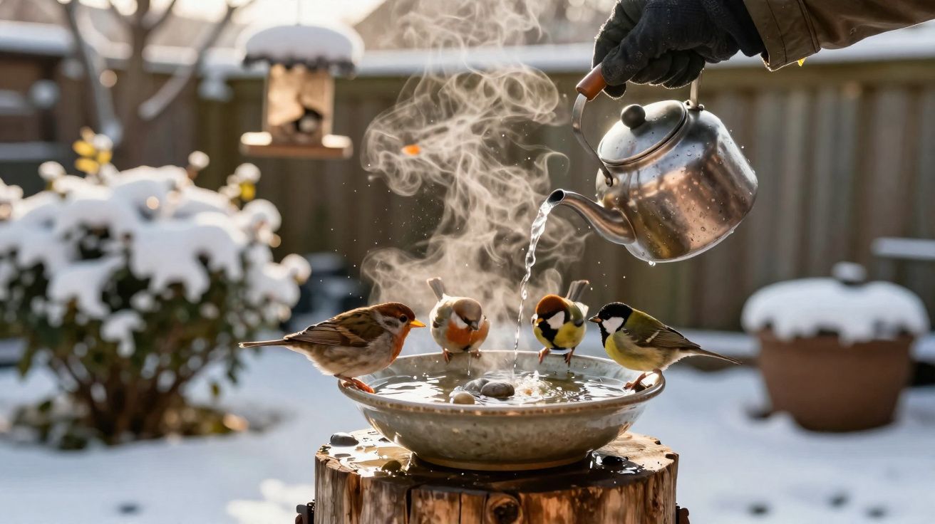Pássaros bebendo água quente fumegante em uma tigela sobre toco na neve enquanto mão despeja água com chaleira