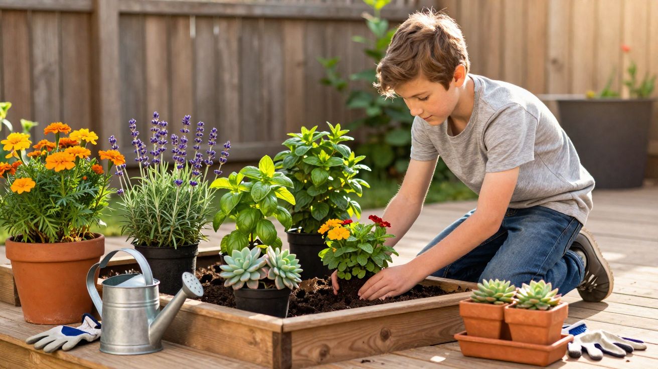 Menino ajoelhado cuidando de plantas em jardim elevado de madeira em área externa ensolarada.