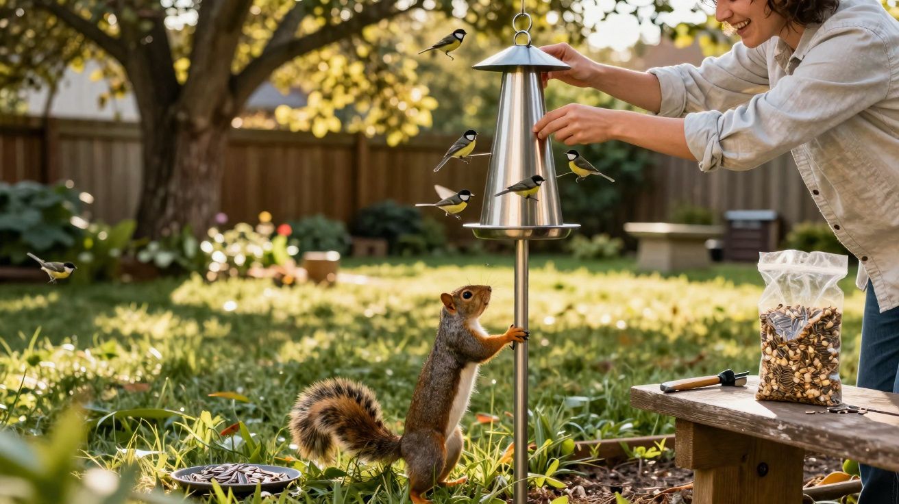 Mulher alimenta pássaros em comedouro enquanto esquilo tenta alcançar alimento no jardim ensolarado.