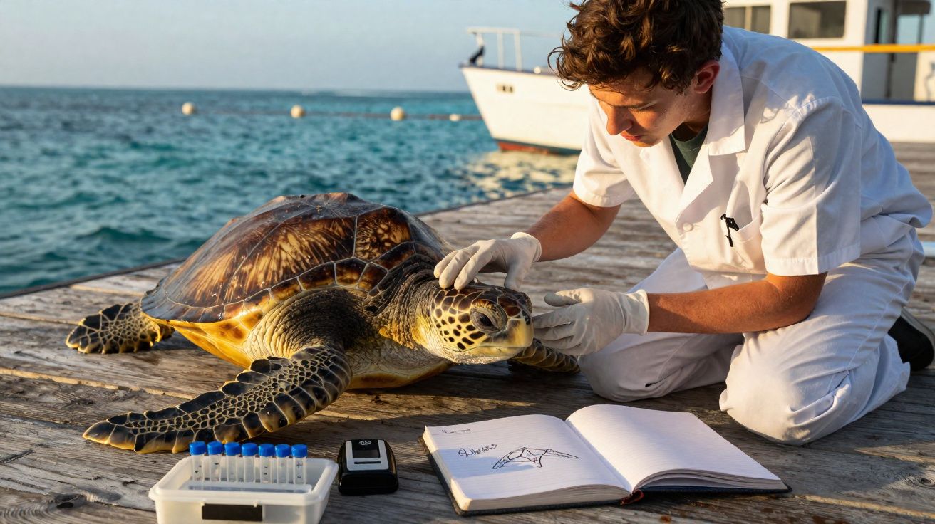 Jovem cientista em roupa branca examina tartaruga-marinha sobre píer com caderno de anotações aberto.
