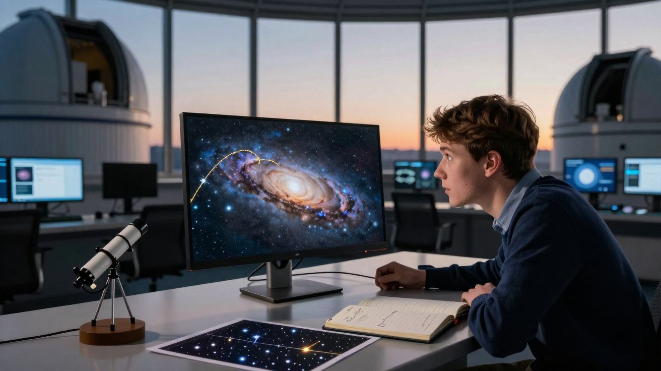 Jovem observa imagens de galáxia em telescópio e computador dentro de observatório astronômico ao entardecer.