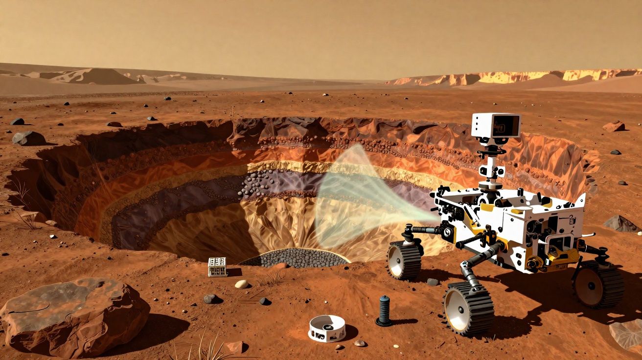Robô explorador em solo marciano escaneando cratera com camadas geológicas expostas.