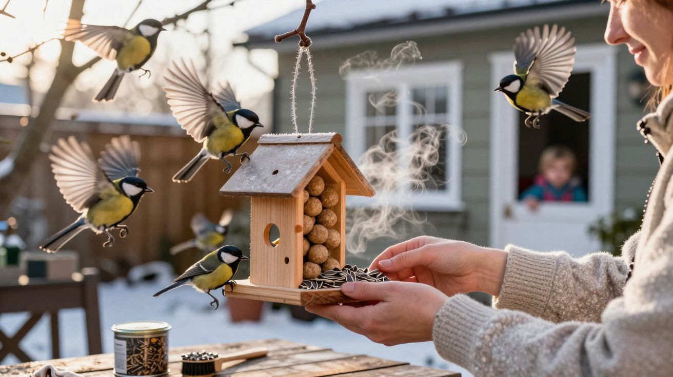 Mulher alimenta pardais com sementes em comedouro de madeira em dia frio e ensolarado no quintal.