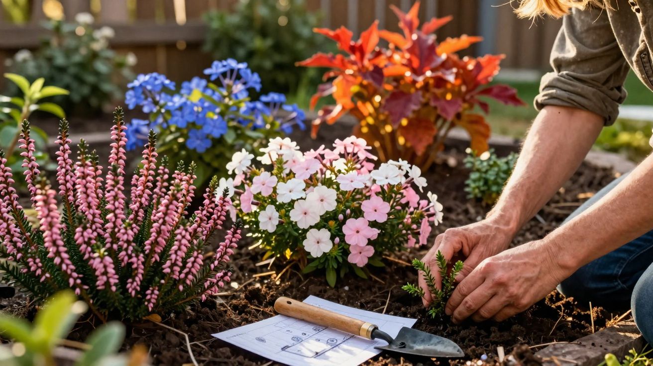 Pessoa plantando flores em jardim com flores rosas, vermelhas e azuis, ferramentas e projeto no chão.