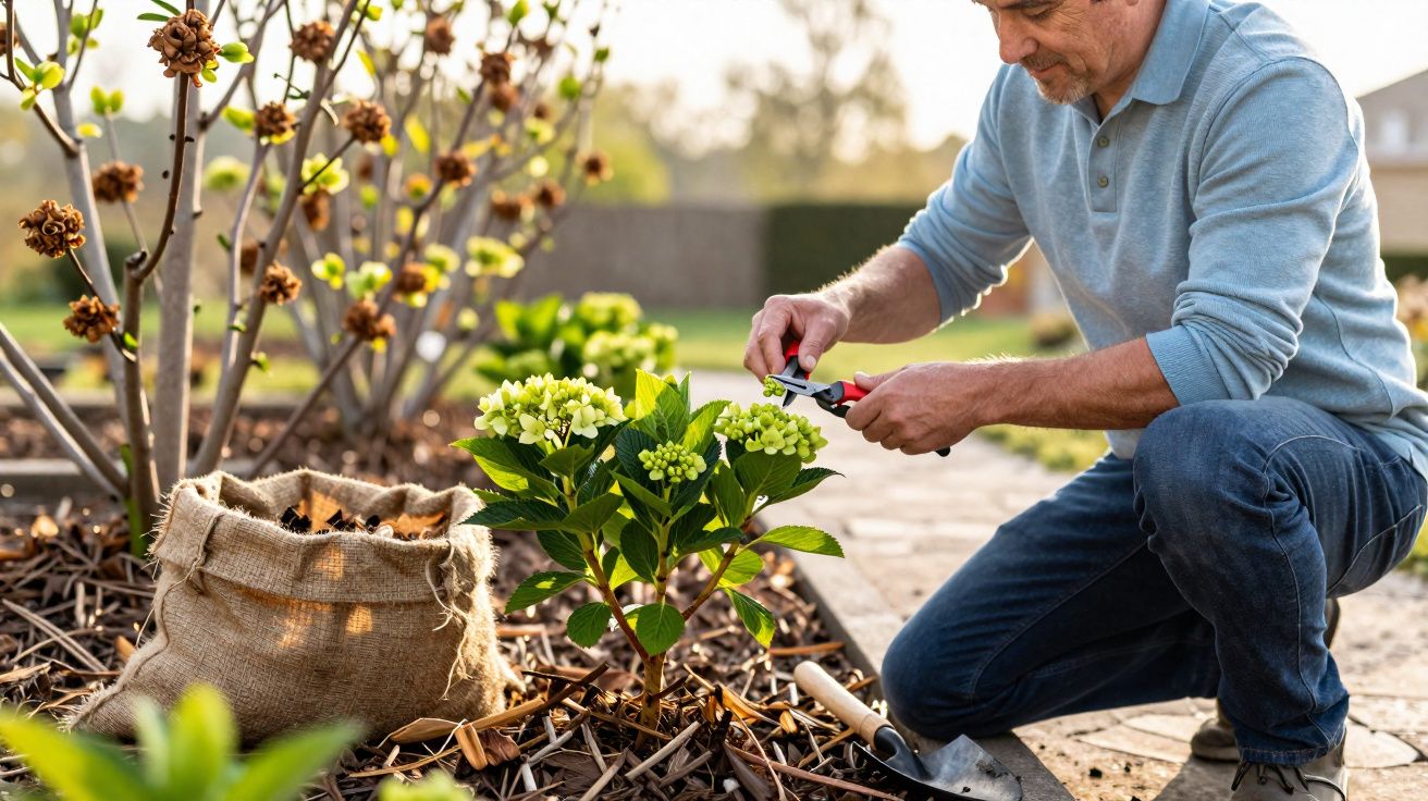 Homem podando planta verde com flores brancas em jardim ensolarado, ao lado de saco de folhas secas.