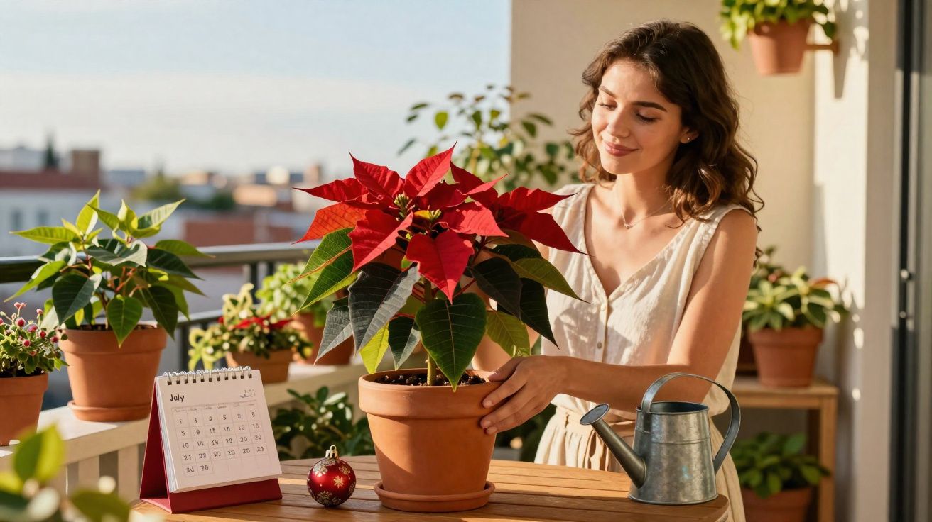 Mulher cuidando de uma planta com flores vermelhas em vaso de barro em varanda ensolarada.