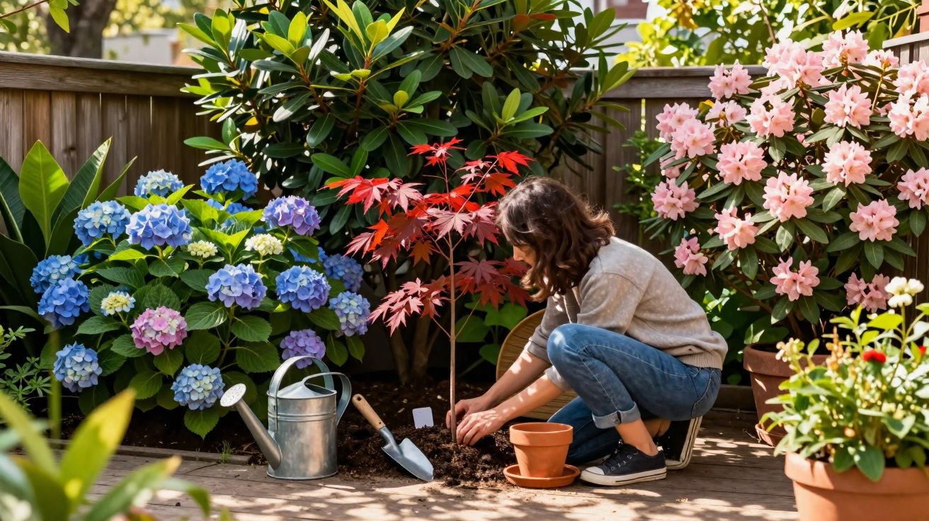 Mulher plantando árvore jovem em jardim com hortênsias azuis e flores cor-de-rosa.