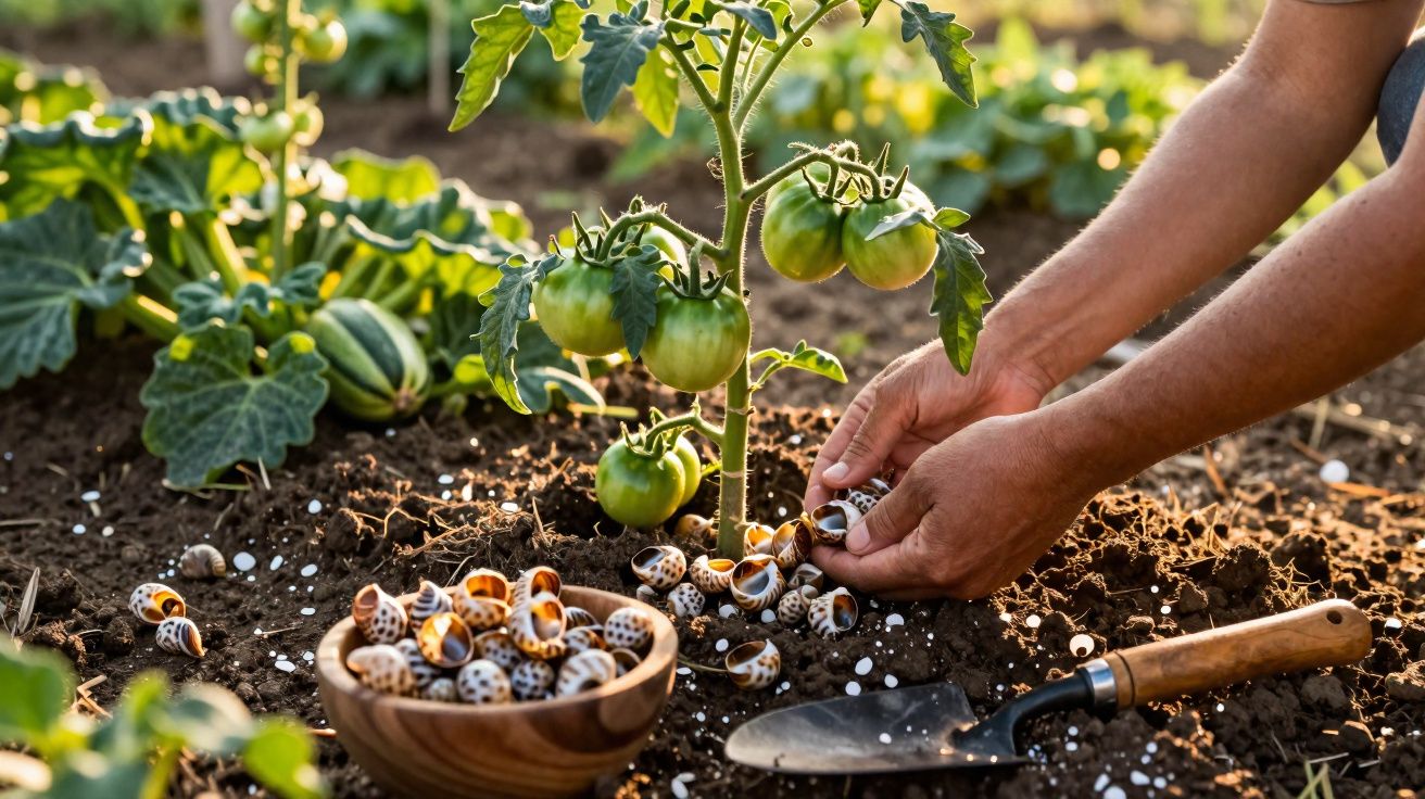 Mãos colocando caracóis em solo perto de planta de tomate verde e tigela de madeira cheia de caracóis.