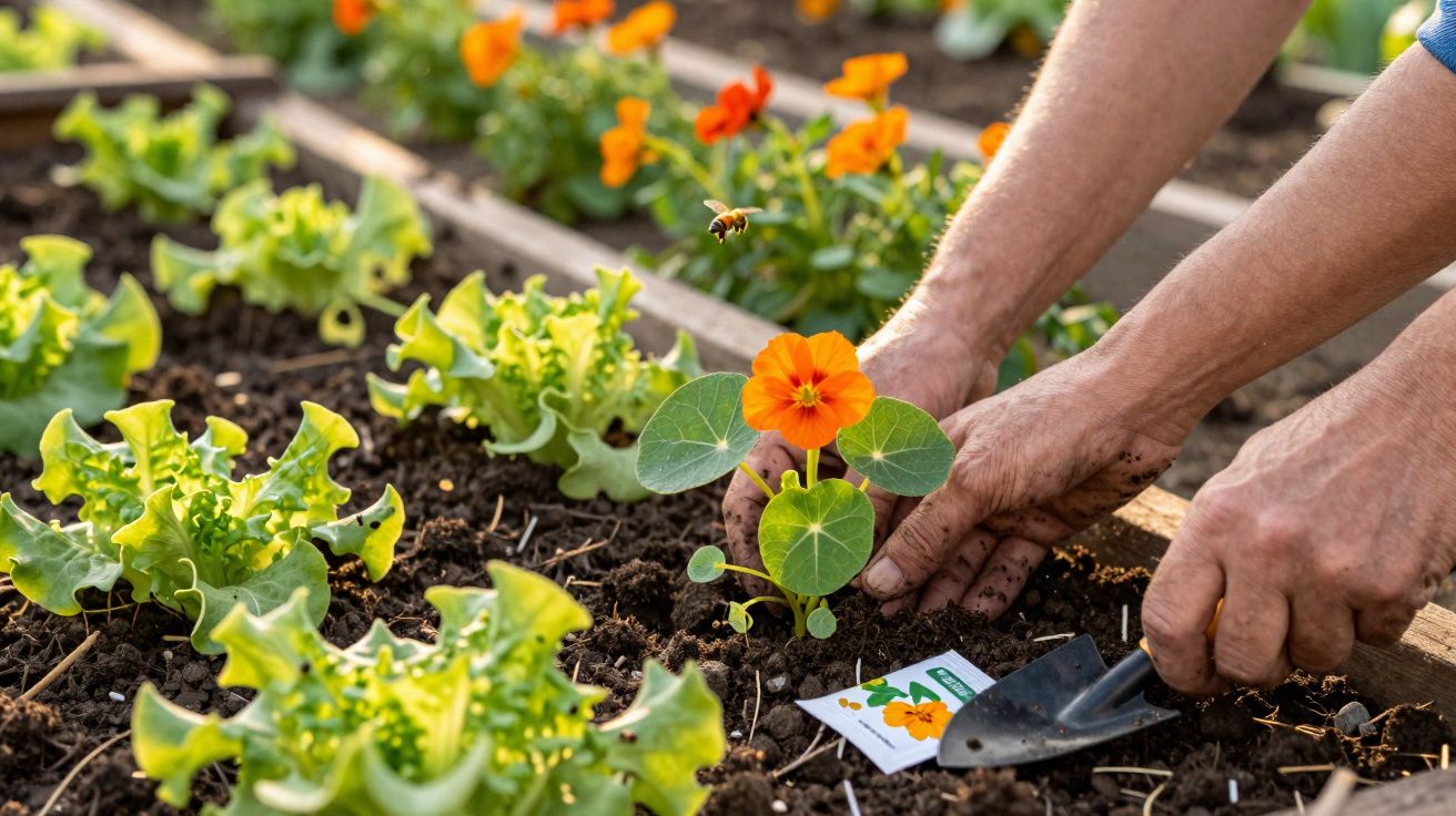 Mãos plantando flor laranja em canteiro de jardim com alfaces ao redor e abelha voando.