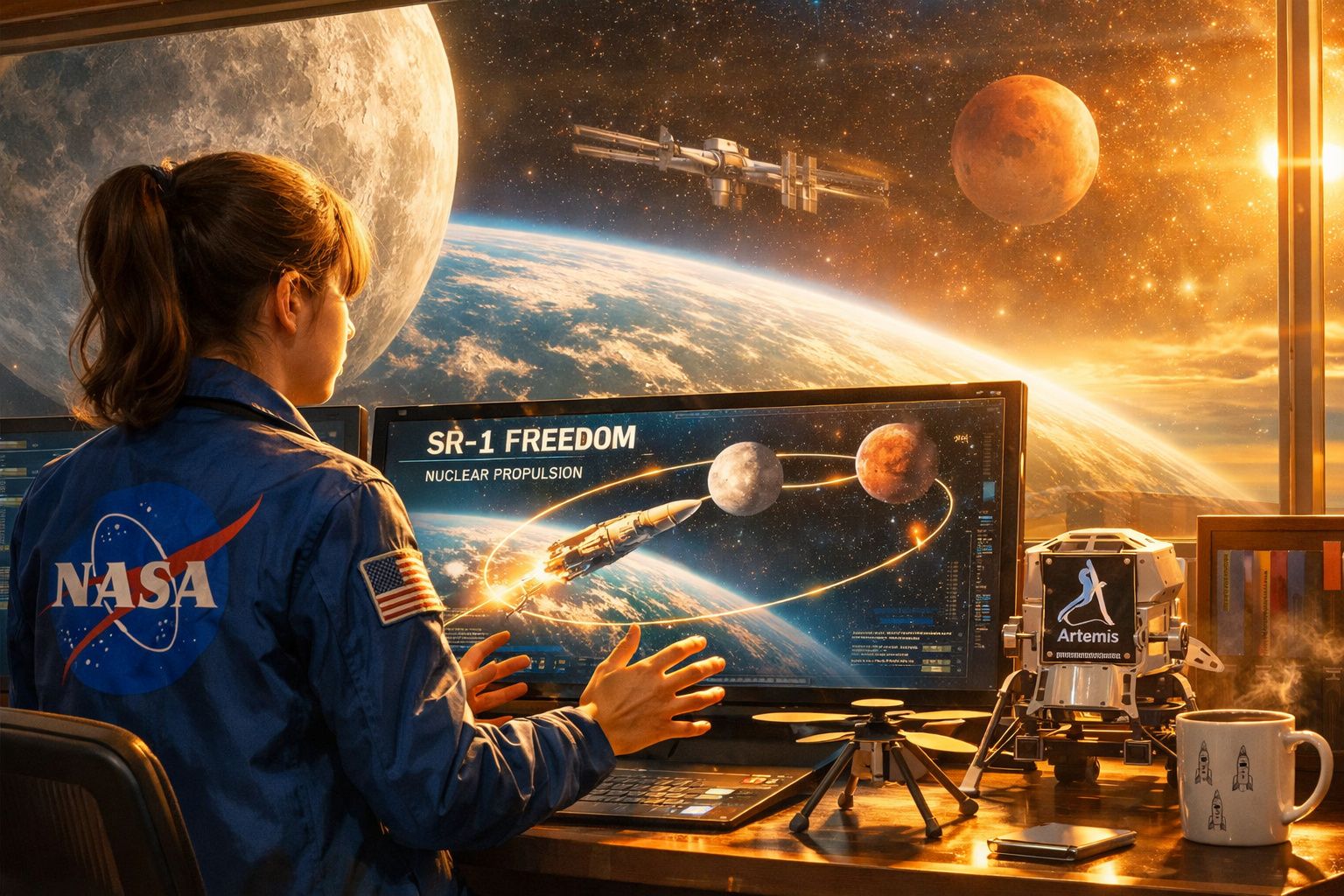 Mulher com uniforme da NASA olhando painel digital de missão espacial com Terra, Lua e Marte ao fundo.