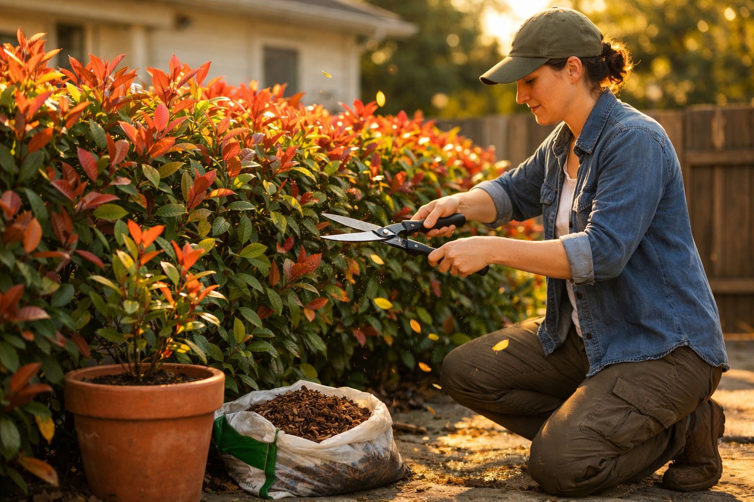 Mulher podando arbusto com tesoura de jardinagem ao ar livre durante o dia.