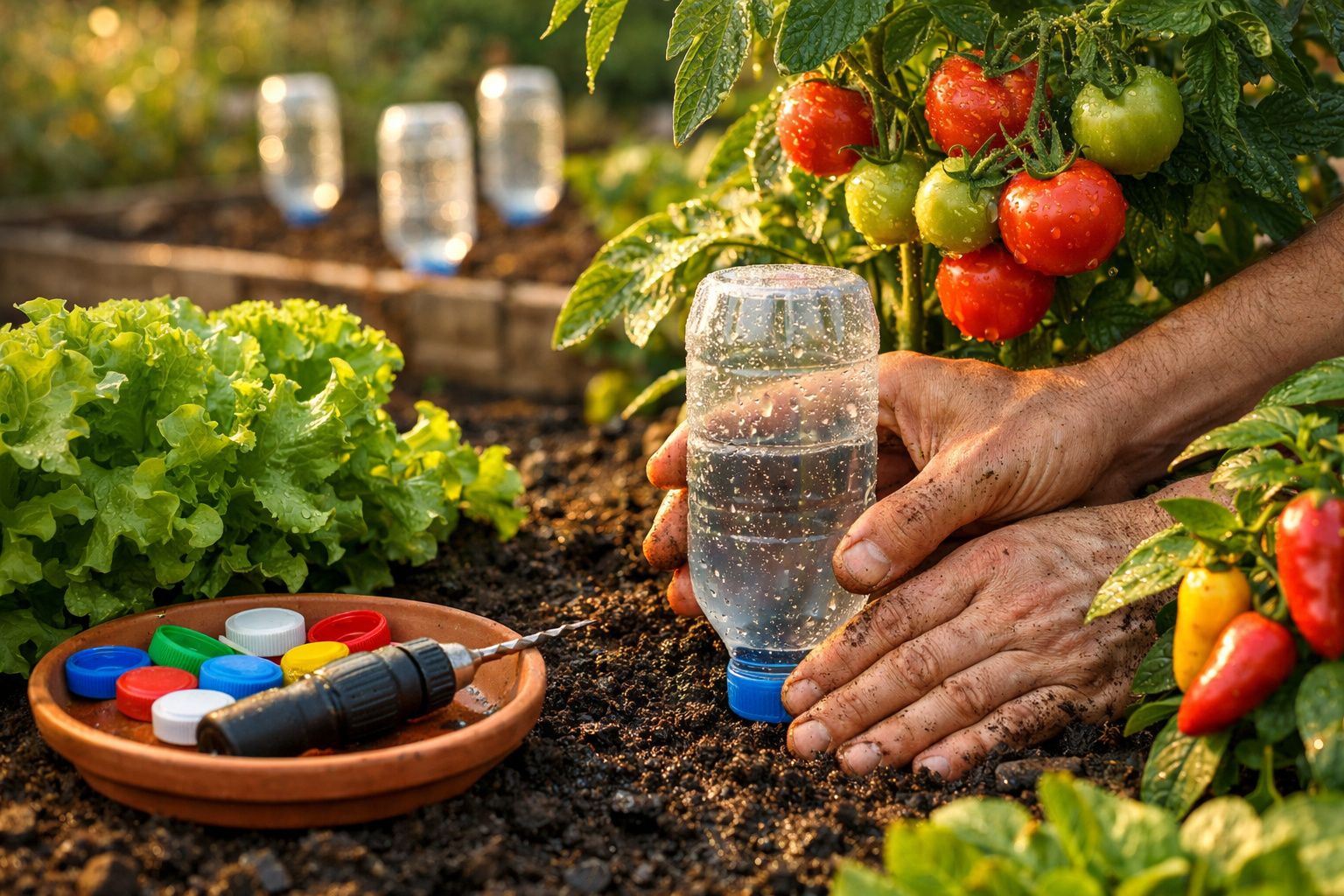 Mãos plantando garrafa PET com água no solo próximo a tomateiras e hortaliças em jardim.