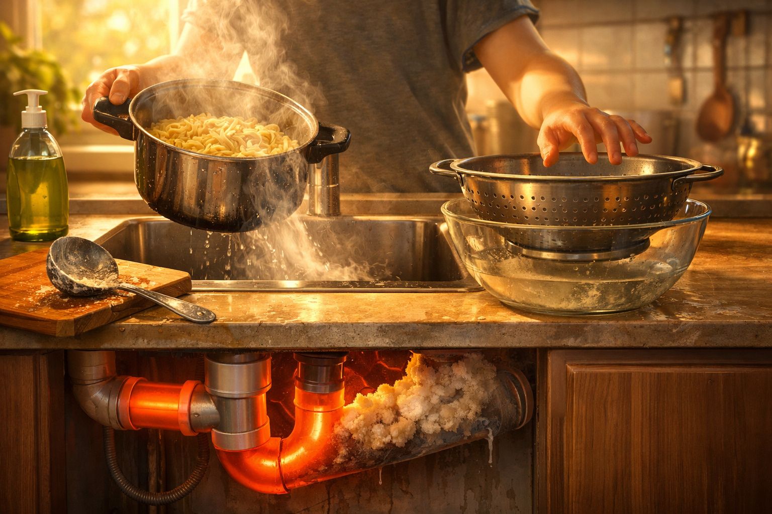 Pessoa escorrendo macarrão em cozinha com canos entupidos e vazando sujeira abaixo da pia.