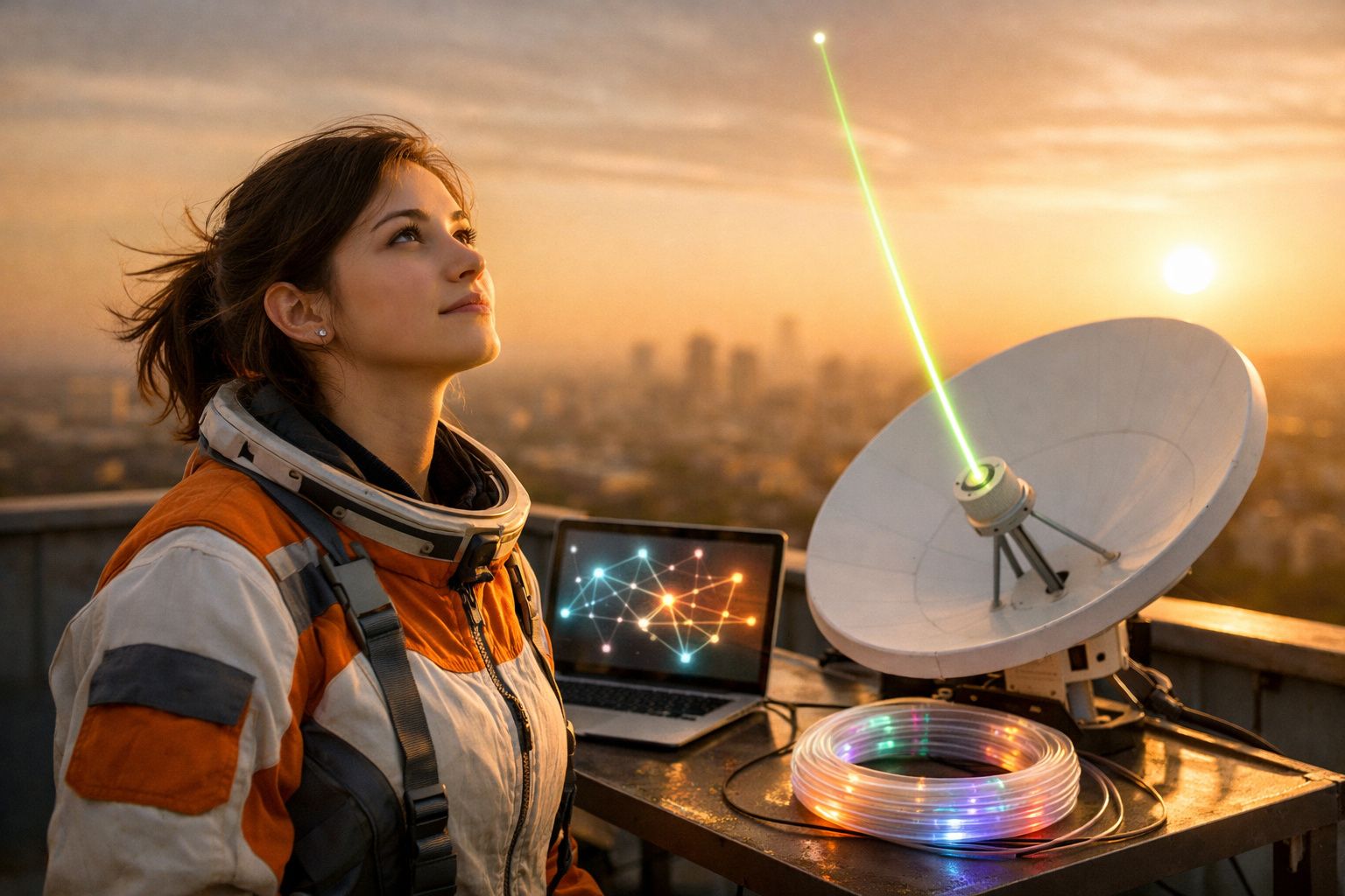 Mulher em traje espacial observa satélite com feixe verde e notebook com gráficos na cidade ao pôr do sol.