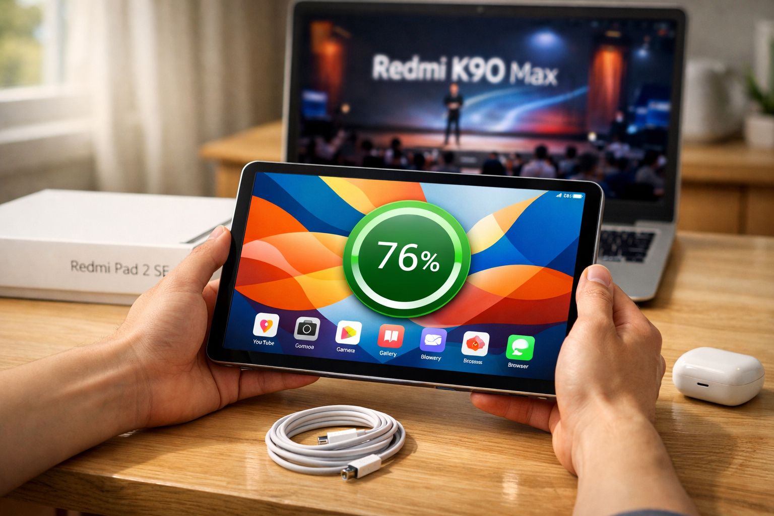 Pessoa segurando tablet Redmi Pad 2 com bateria carregada a 76% em mesa com fone e cabo USB.