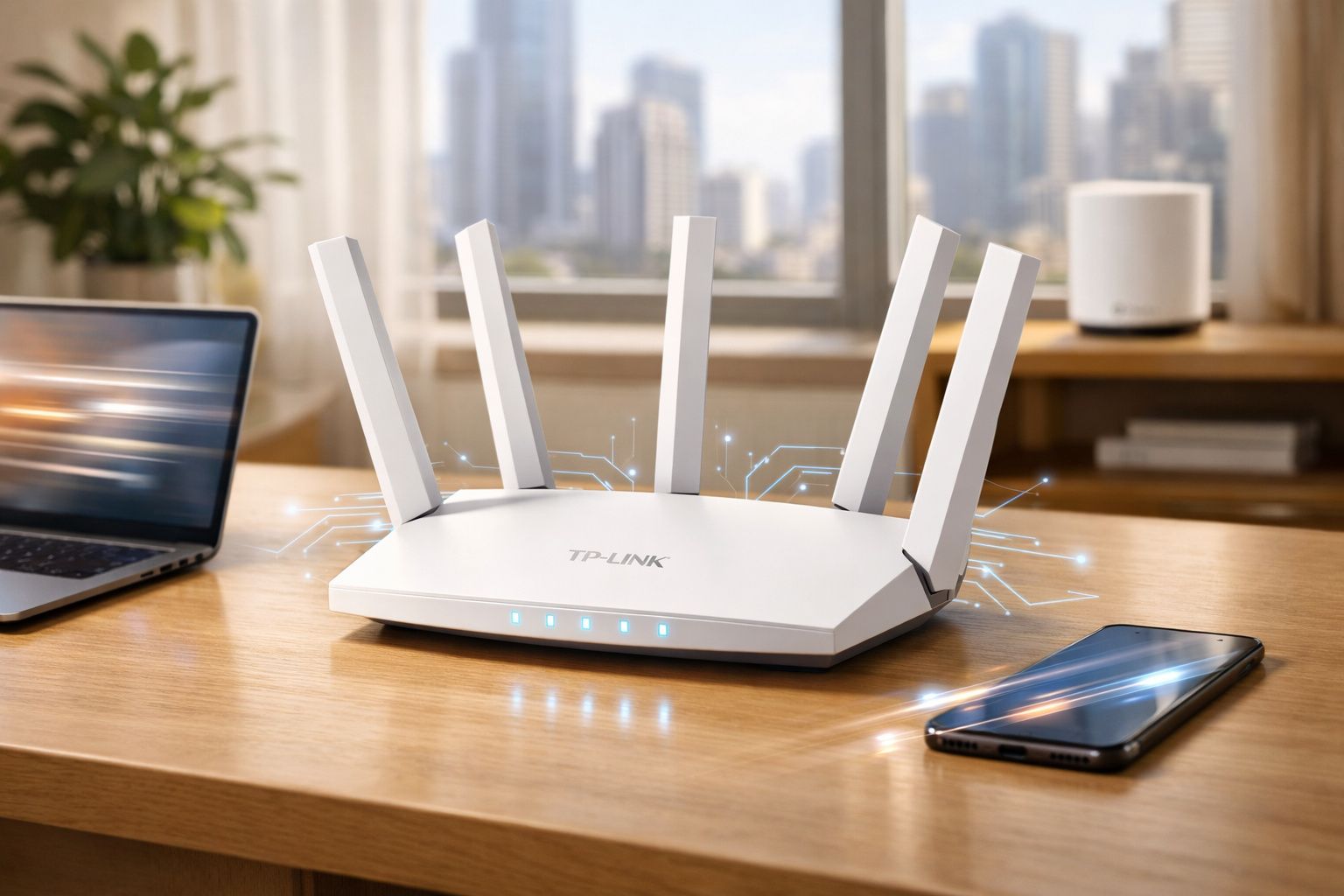 Roteador branco TP-Link com cinco antenas em mesa de madeira entre laptop e smartphone, ao fundo cidade.