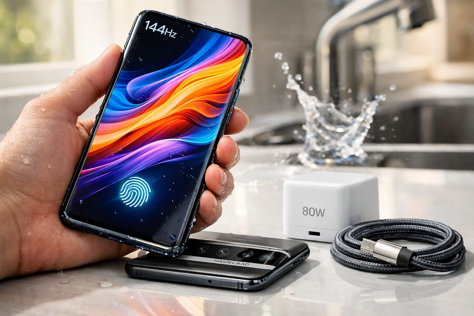 Smartphone resistente à água com display colorido, carregador e cabo USB sobre bancada molhada.