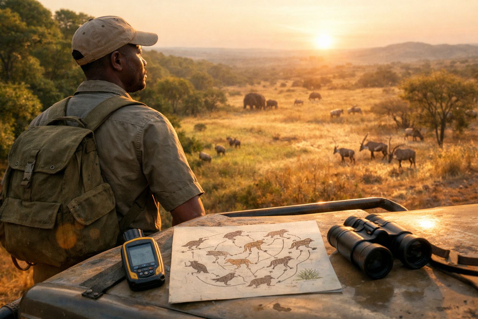 Homem com mochila observa animais selvagens ao pôr do sol em safári, com binóculos e mapa sobre veículo.
