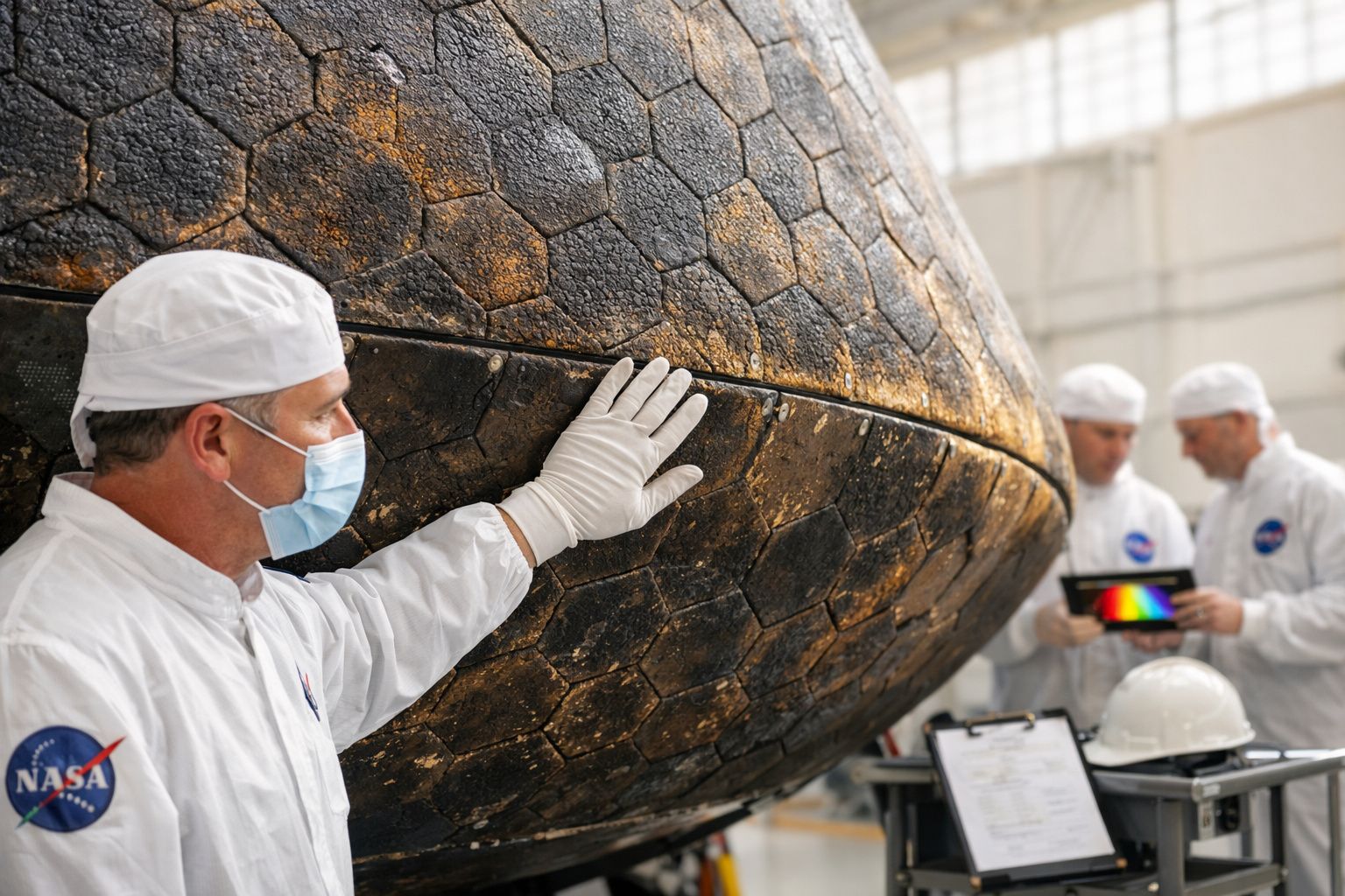 Técnico da NASA inspeciona escudo térmico de nave espacial com textura hexagonal e dois colegas ao fundo.