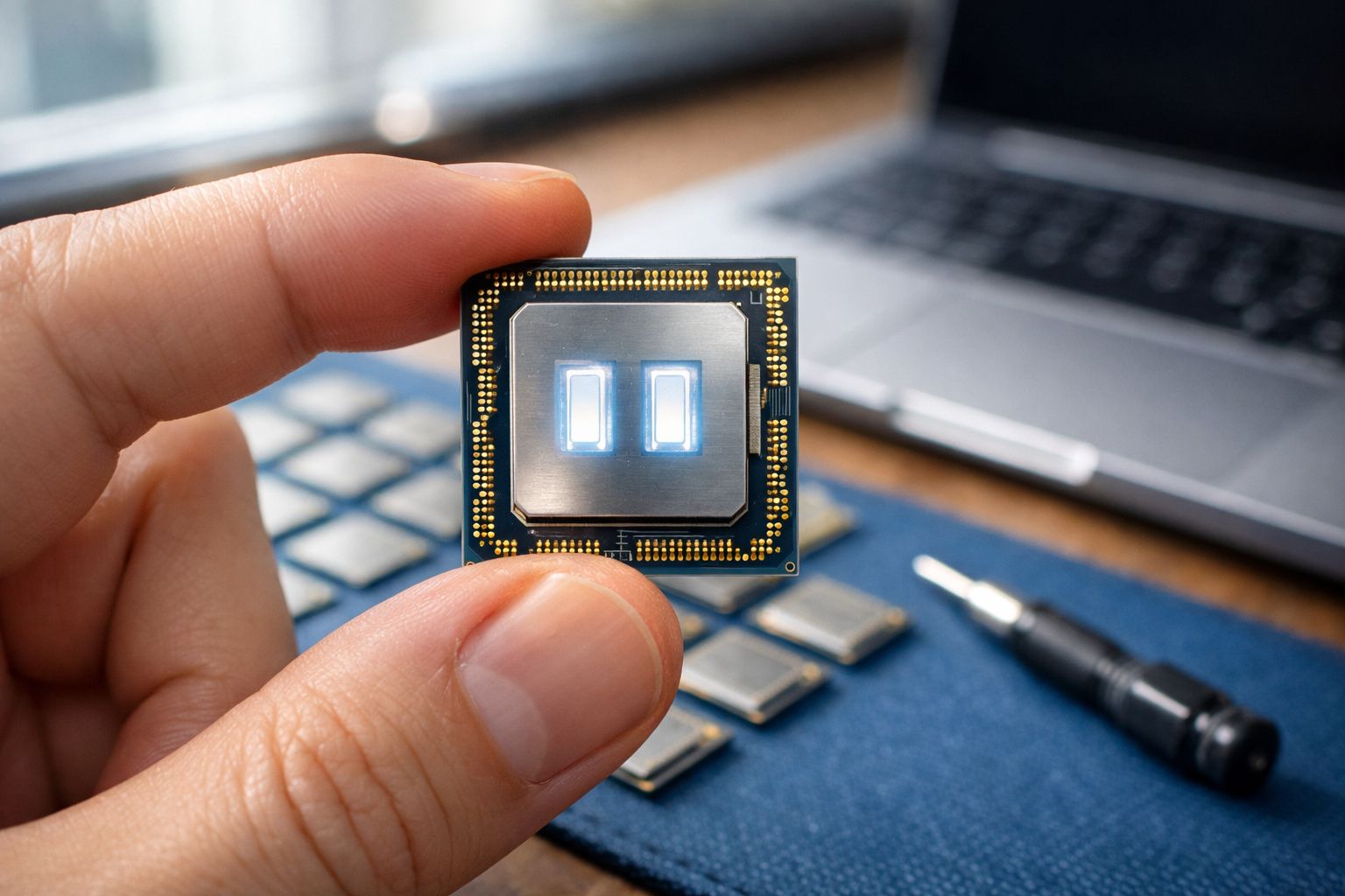 Mão segurando um chip de computador com laptop e peças eletrônicas desfocadas ao fundo.