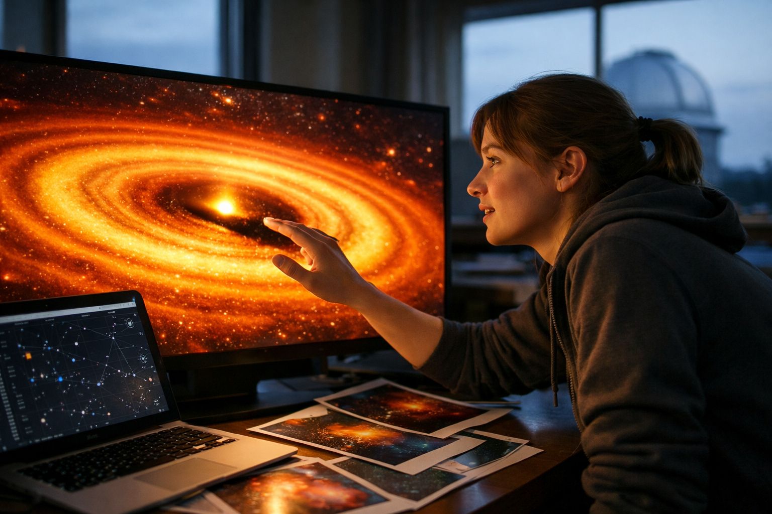 Mulher analisando imagem de galáxia em tela grande enquanto trabalha com mapas estelares em laptop.