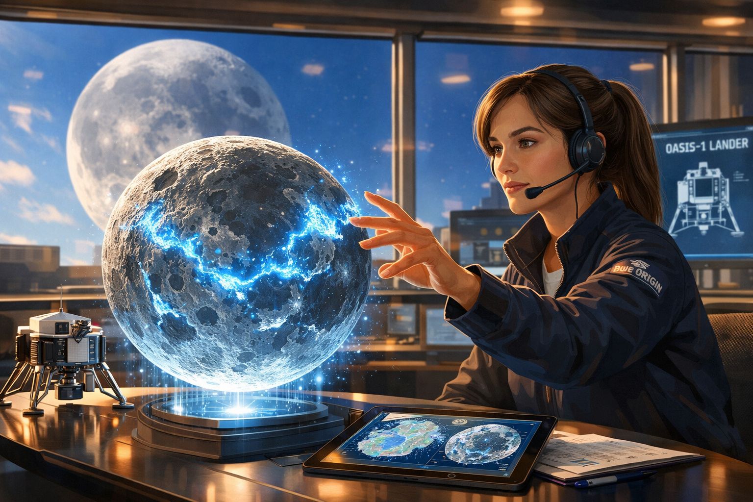 Mulher com headset interage com holograma da lua em sala de controle espacial futurista.
