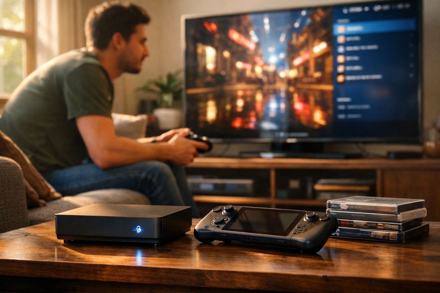 Homem jogando videogame com console, controle e jogos em sala de estar aconchegante.