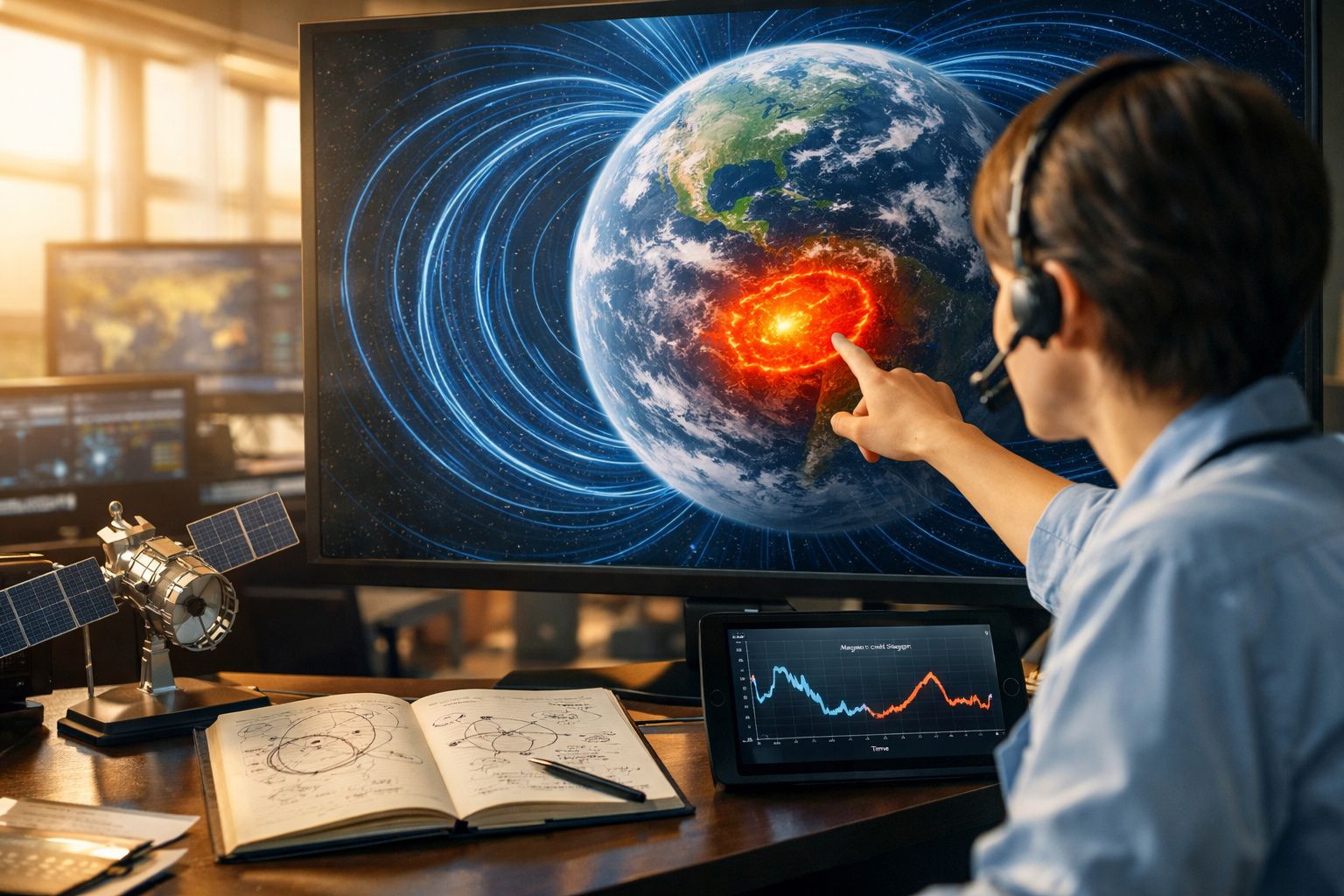 Pessoa com fone de ouvido interage com tela exibindo Terra e atividade magnética intensa, enquanto estuda dados científicos.