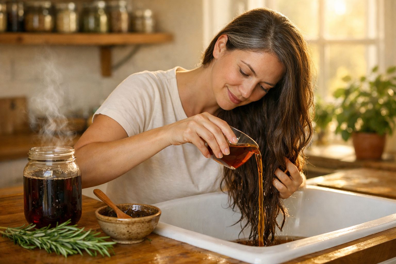 Mulher aplicando água de ervas morna no cabelo sobre pia em cozinha rústica iluminada.