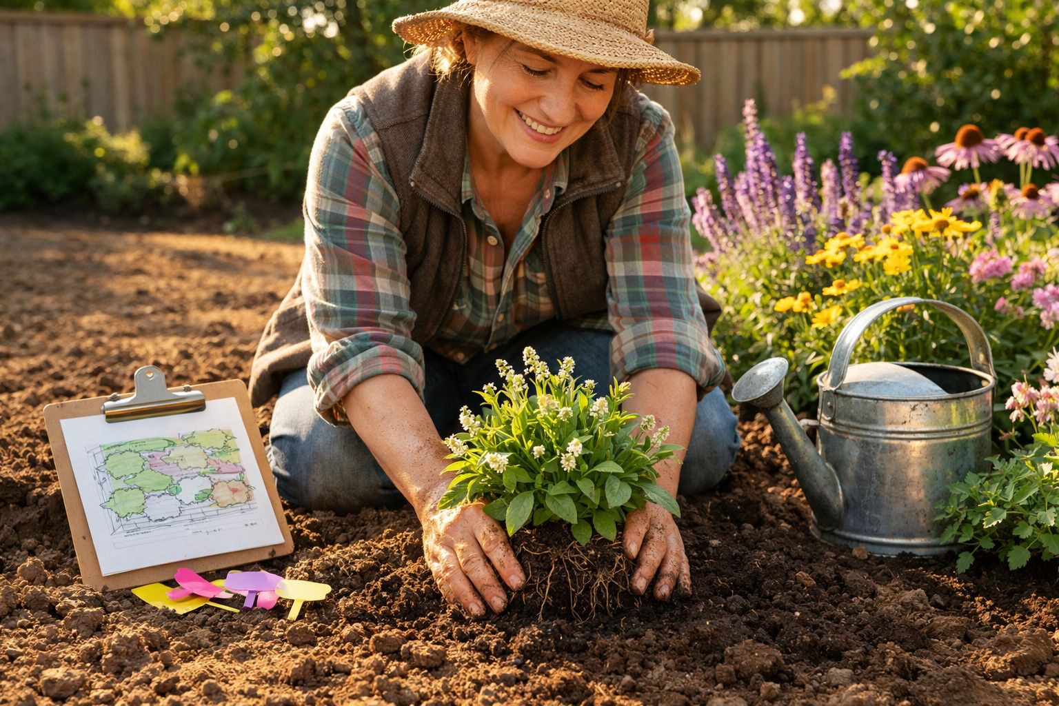 Mulher sorridente plantando muda no jardim com regador e prancheta ao lado em dia ensolarado.
