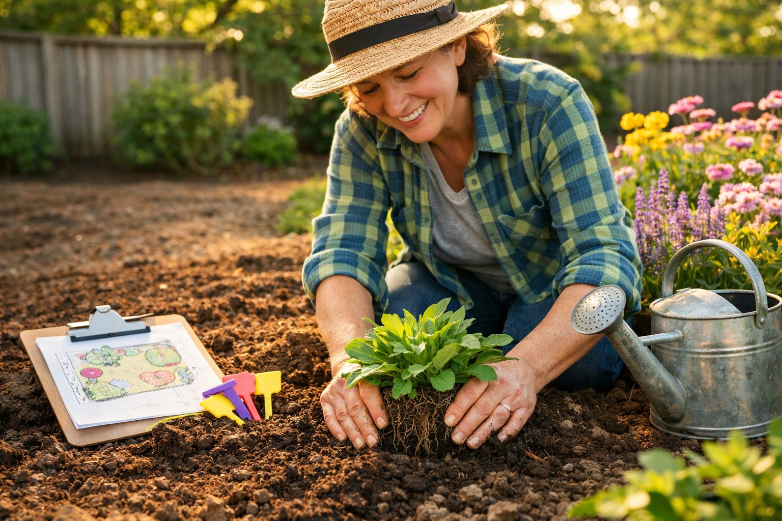 Mulher sorrindo planta muda em solo de horta, ao lado regador, prancheta e flores coloridas.