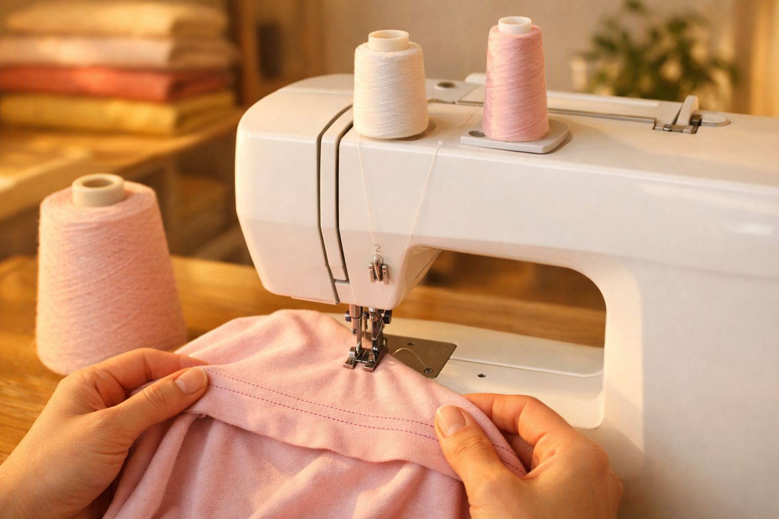 Máquina de costura branca com linha rosa e mãos segurando tecido rosa durante costura.