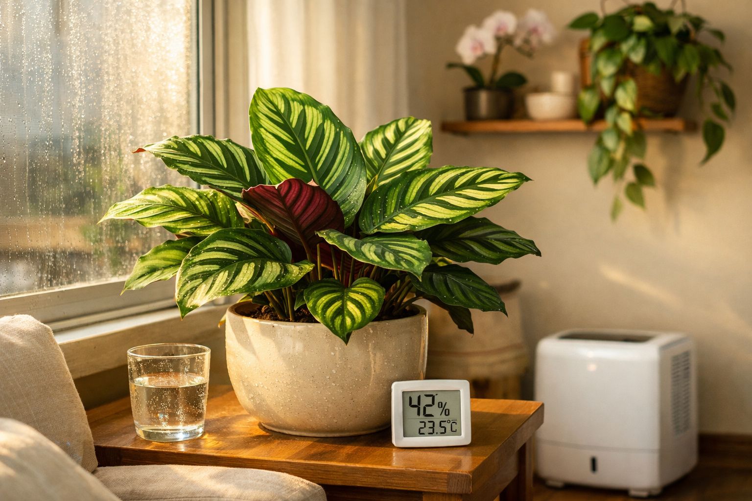 Planta em vaso, copo d'água e higrômetro marcando 42% de umidade e 23,5ºC em cômodo iluminado.