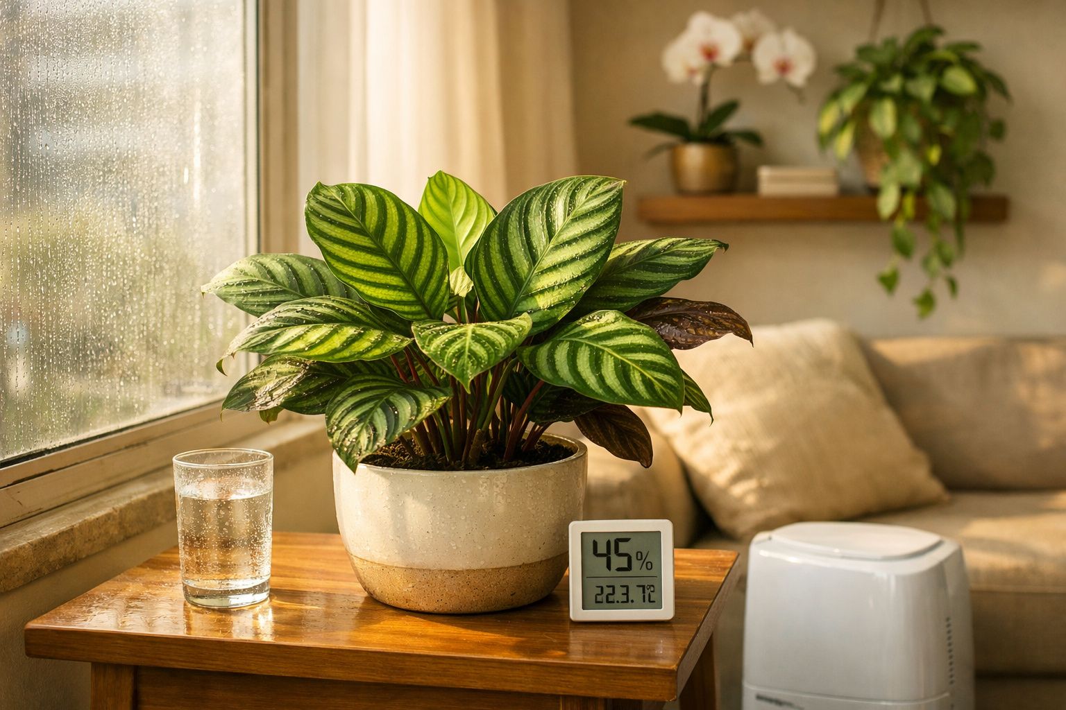 Planta em vaso, copo d'água e higrômetro marcando 45% de umidade e 22,3°C em ambiente interno.