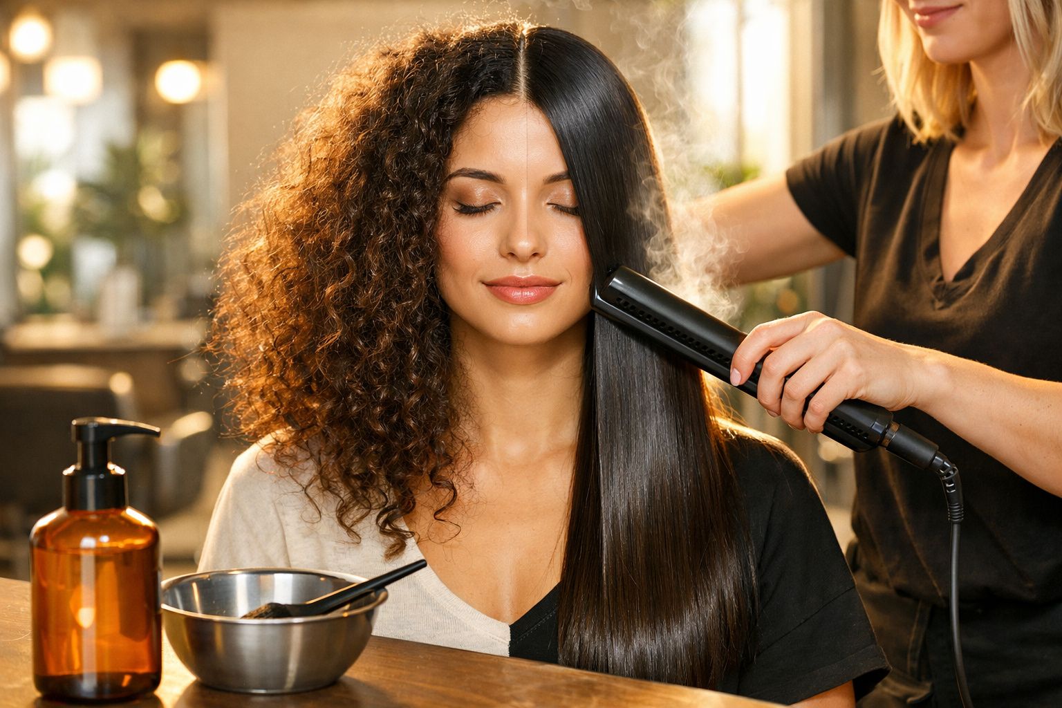 Mulher com metade do cabelo cacheado e a outra metade sendo alisada com chapinha por cabeleireira.