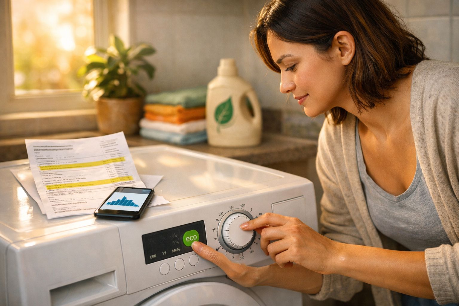Mulher ajustando máquina de lavar com botão de eco, celular e papéis com gráficos no tampo da lavadora.