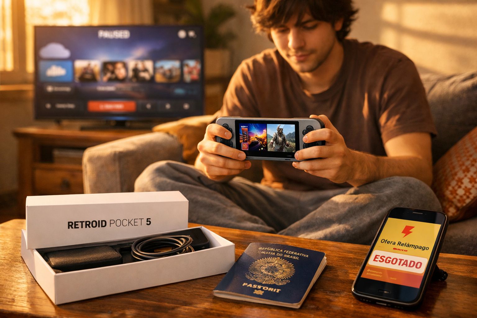 Jovem sentado jogando com console portátil Retroid Pocket 5, com passaporte brasileiro e celular na mesa.