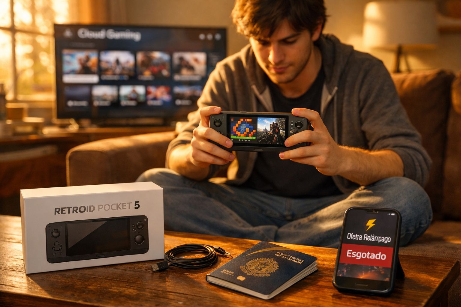 Jovem sentado jogando no console Retroid Pocket 5 com acessórios e celular mostrando oferta esgotada.