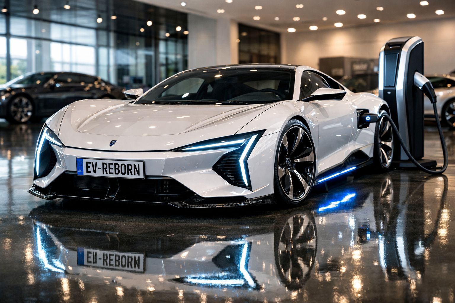 Carro esportivo elétrico branco carregando em estação dentro de showroom moderno.
