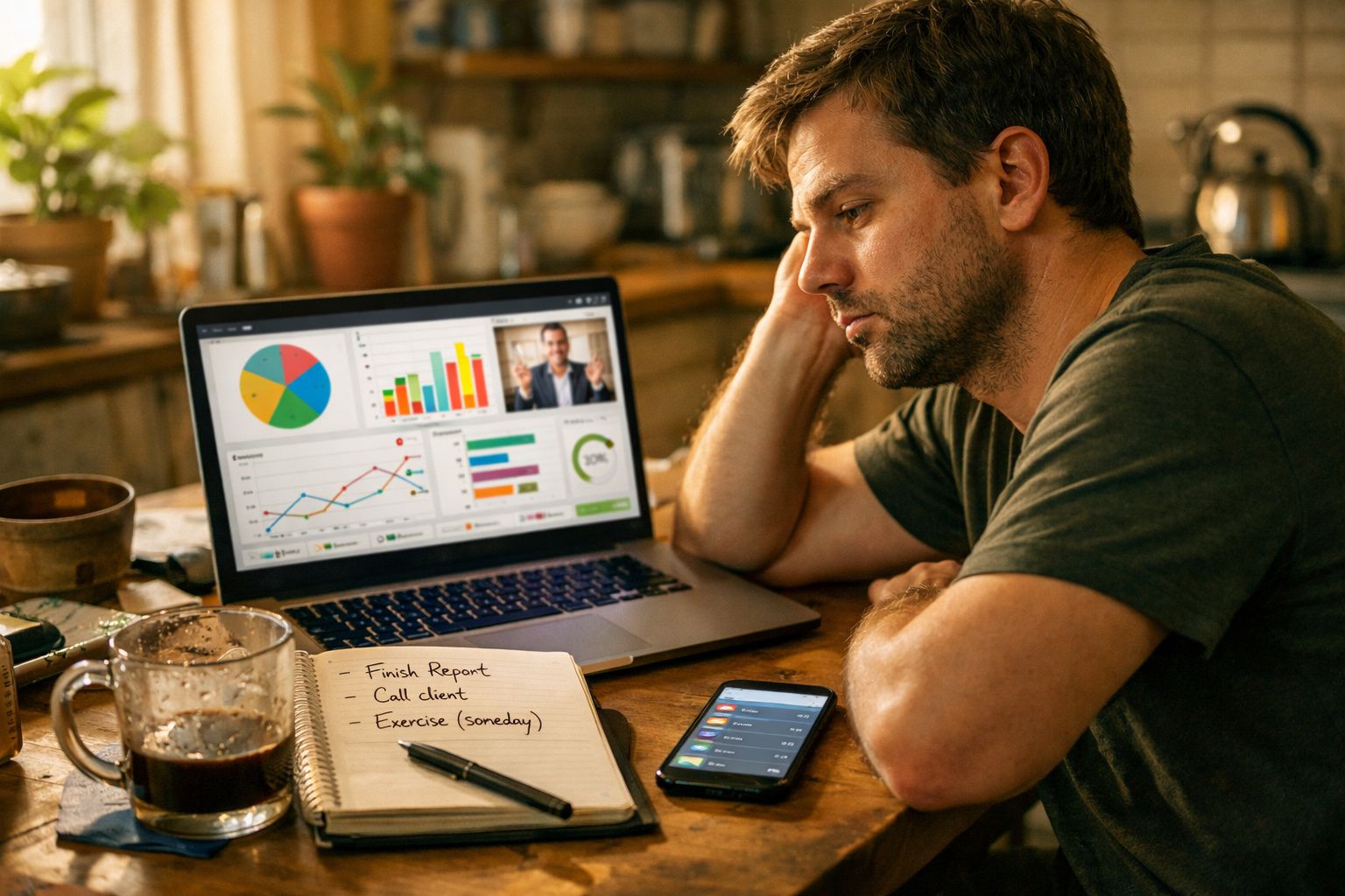 Homem pensativo sentado à mesa com laptop exibindo gráficos e vídeo chamada, celular e caderno à sua frente.