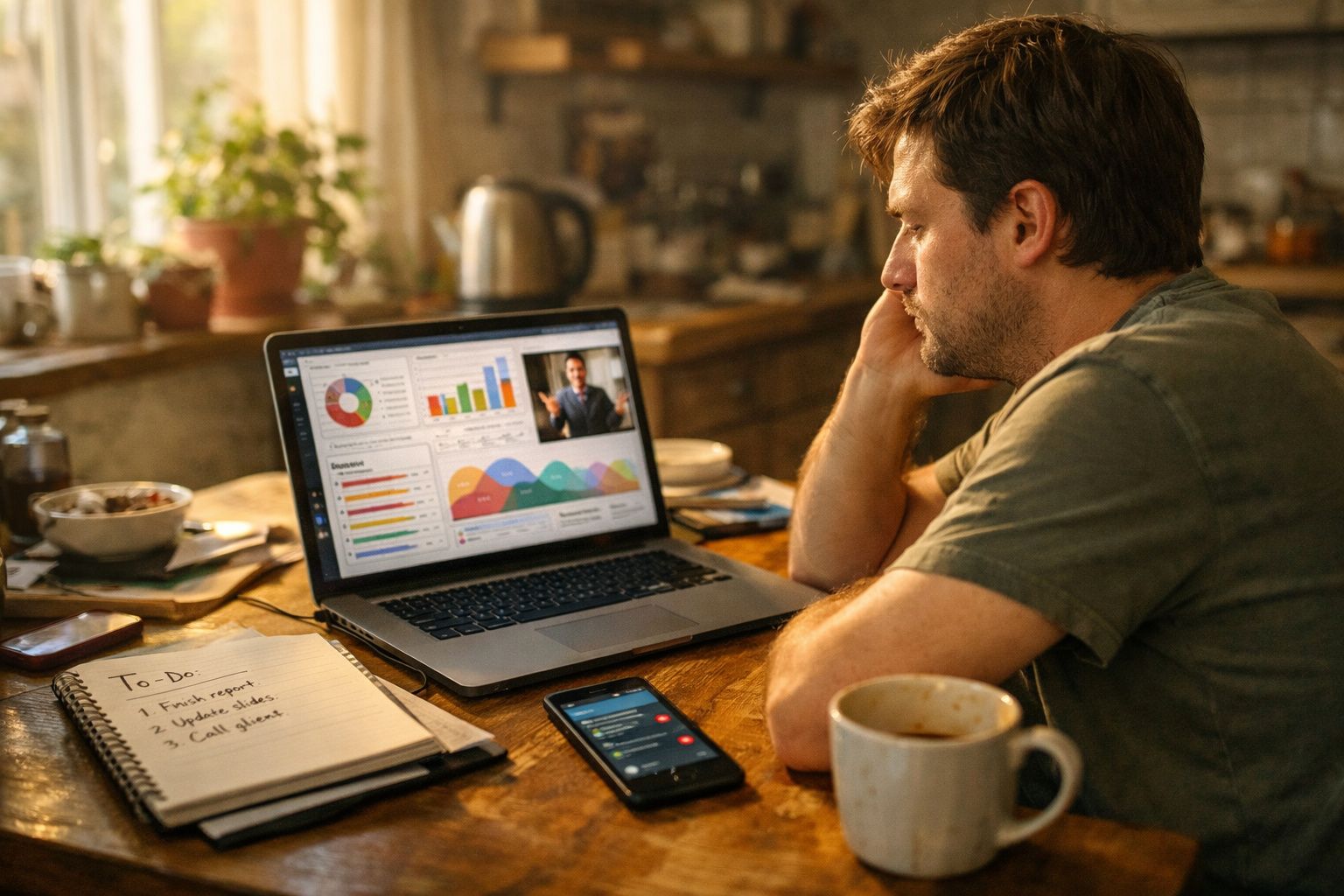 Homem assistindo videoconferência em laptop com gráficos, celular na mesa e caderno de tarefas em ambiente doméstico.
