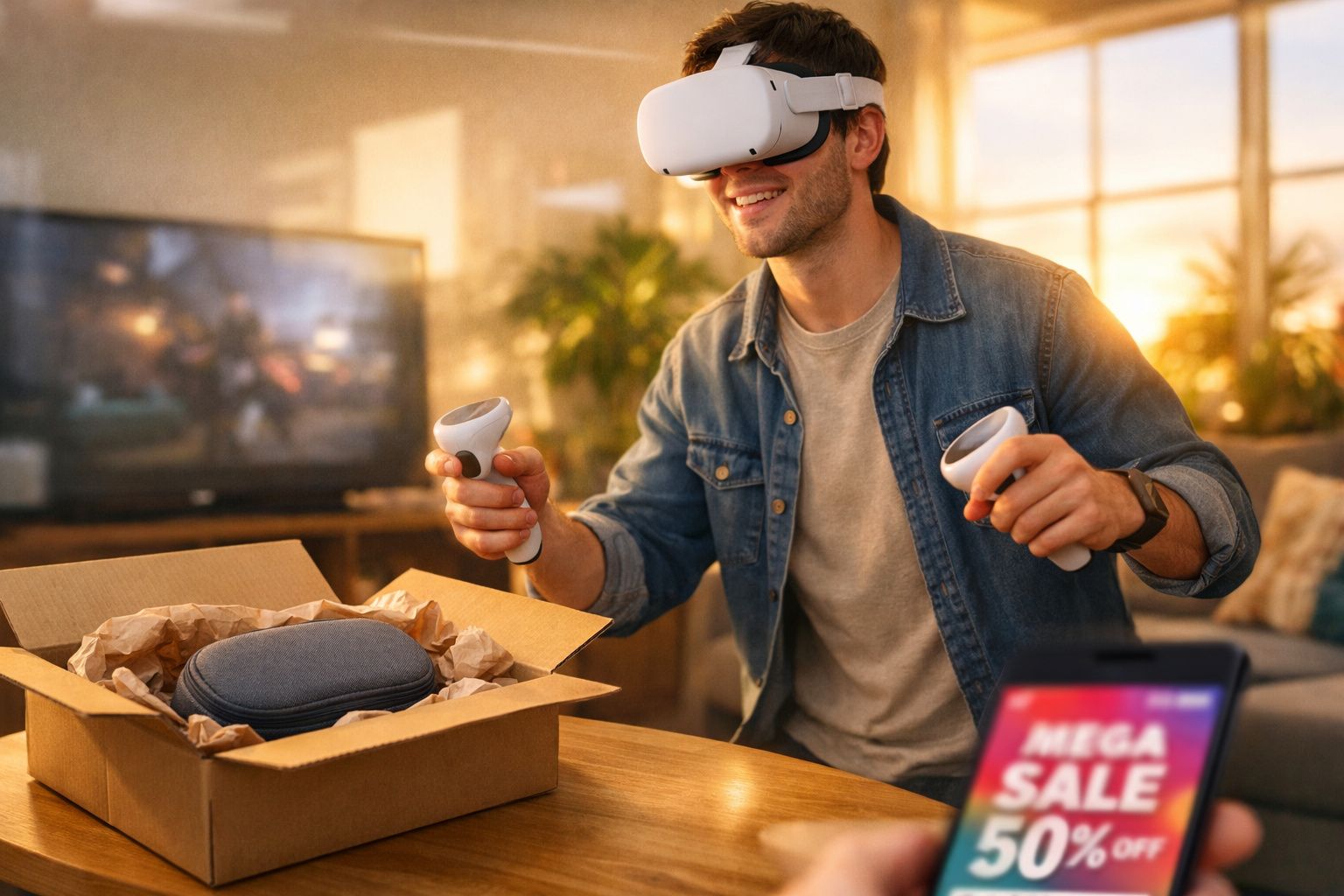 Homem usando óculos e controles de realidade virtual sorrindo em sala iluminada ao pôr do sol.