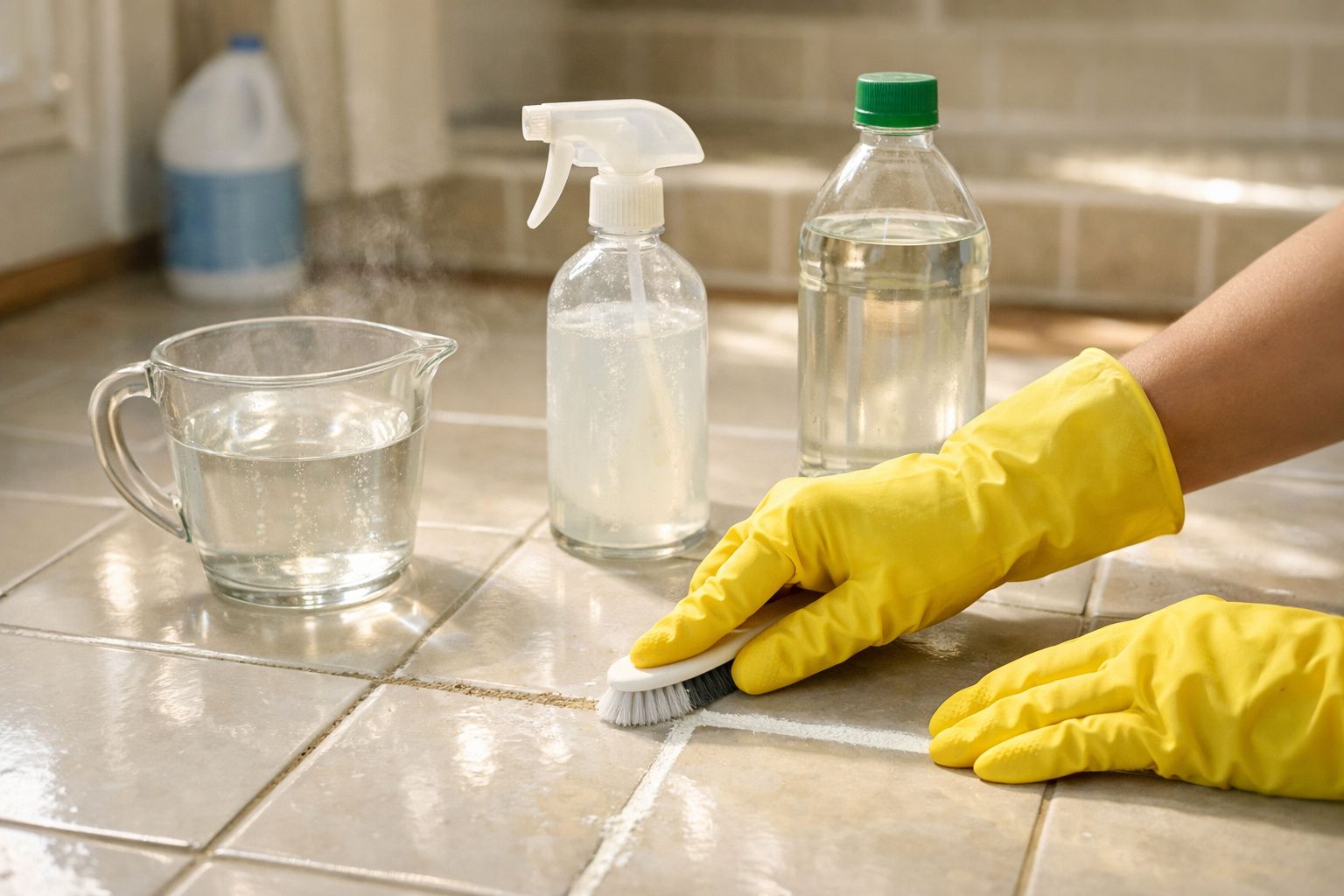 Mãos com luvas amarelas limpando rejunte de piso de cerâmica com escova e produtos de limpeza.