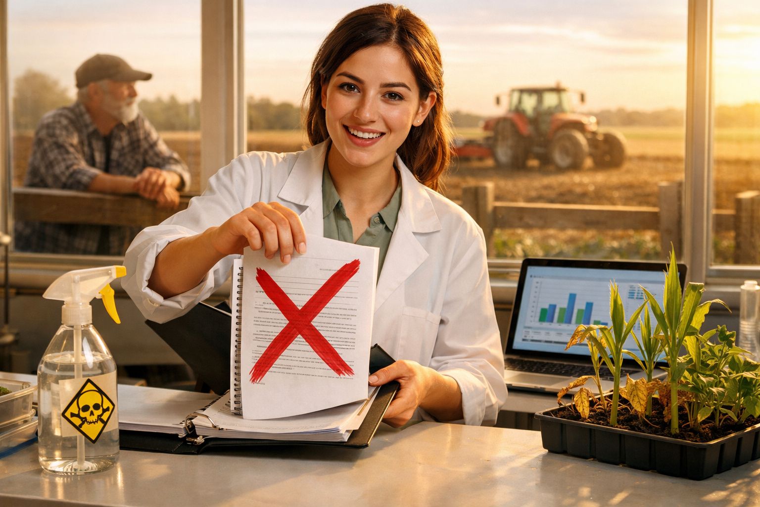 Mulher cientista mostra documento com X vermelho em laboratório agrícola, com lavrador e trator ao fundo.