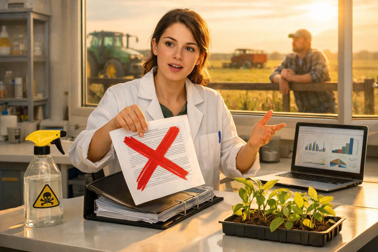 Jovem cientista em laboratório mostra documento com X vermelho, com plantas e agricultor ao fundo.