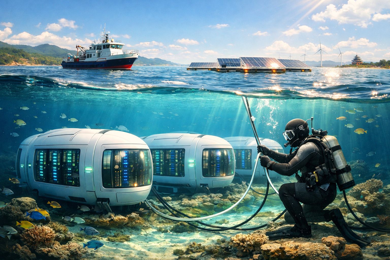 Mergulhador conserta cabos em estruturas tecnológicas subaquáticas com navio e painéis solares à superfície.