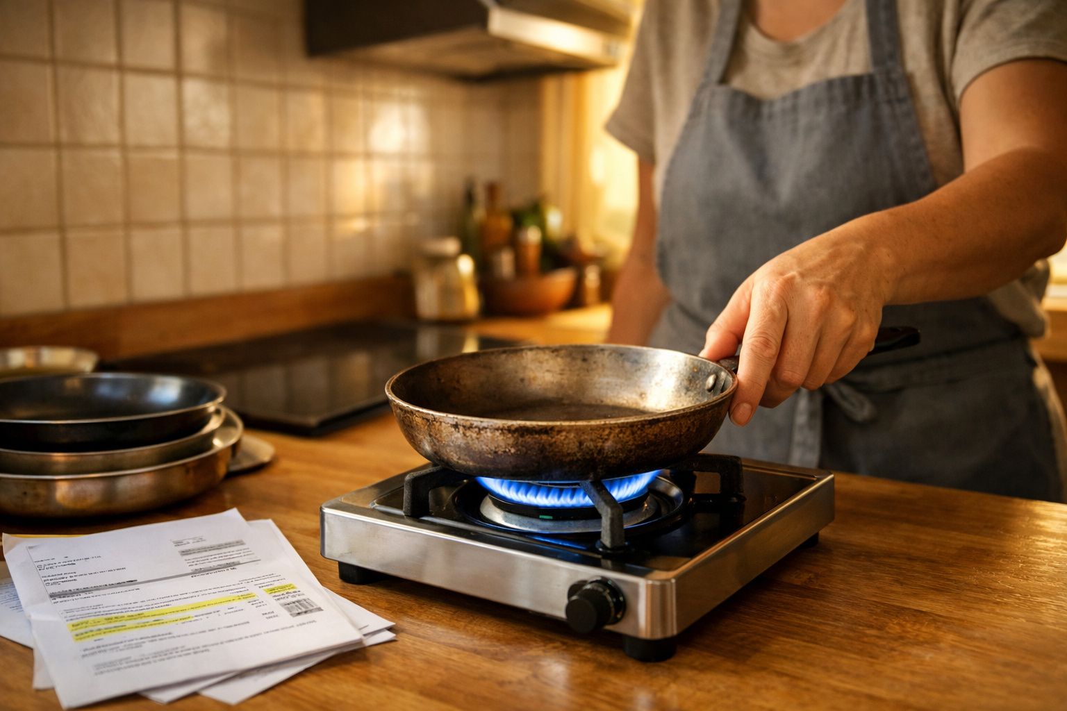 Pessoa segurando frigideira sobre fogão a gás em cozinha com documentos sobre bancada de madeira.