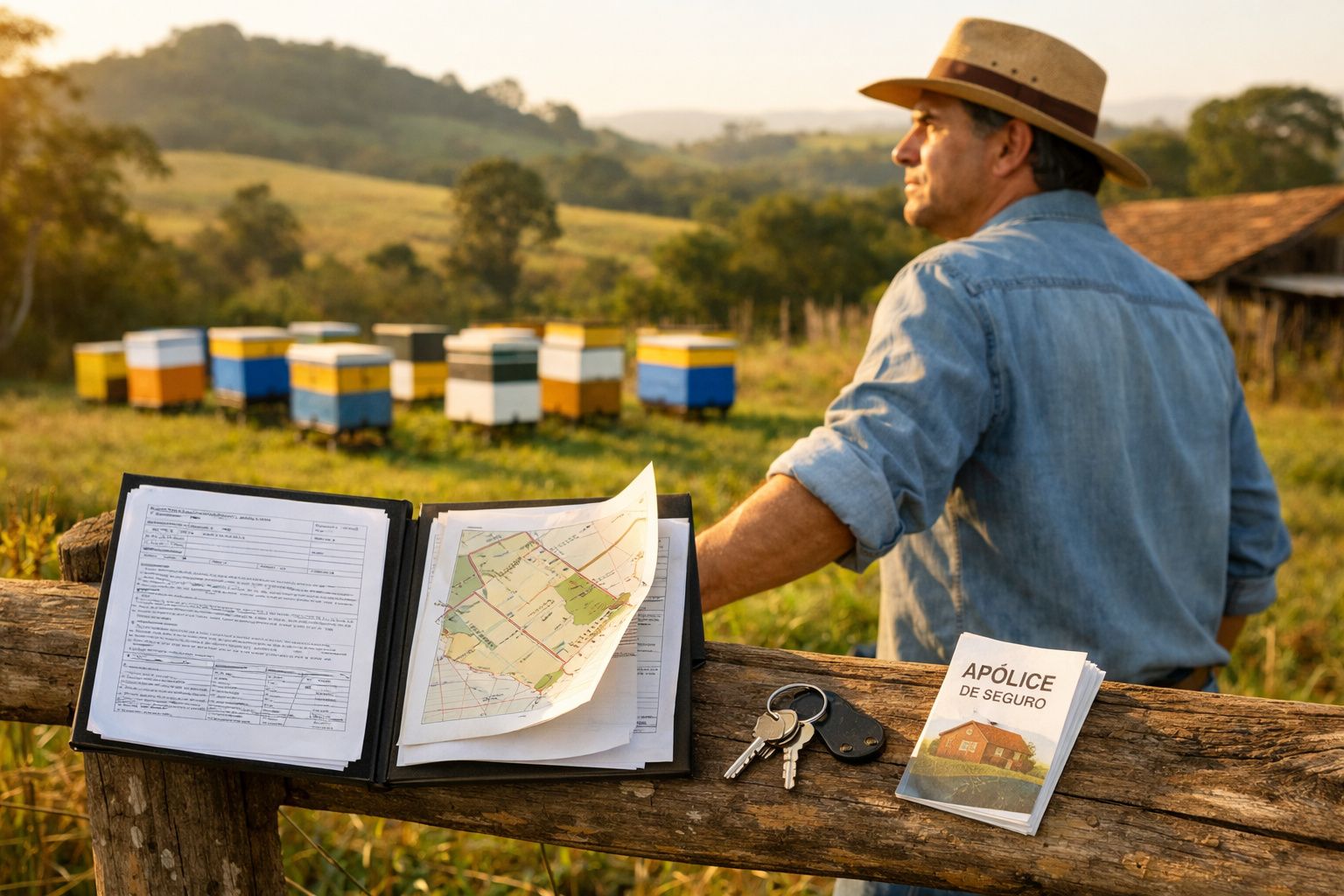 Homem com chapéu observa colmeias em área rural com documentos, chaves e apólice de seguro sobre cerca de madeira.