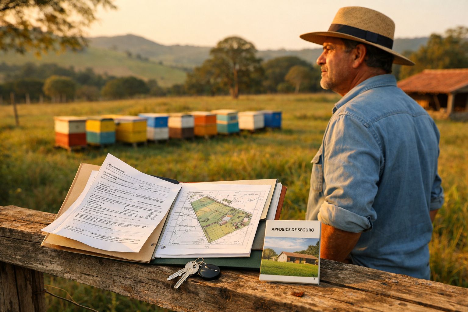 Homem com chapéu observa colmeias em campo ao lado de pasta com mapas e documentos sobre mesa de madeira.