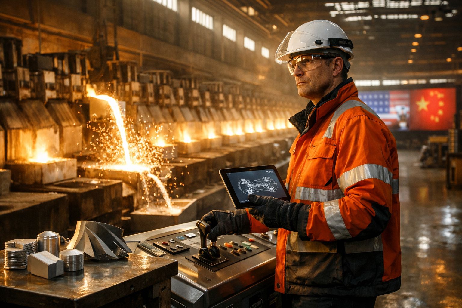 Homem com capacete e jaleco laranja controla fundição de metal em fábrica enquanto segura tablet.